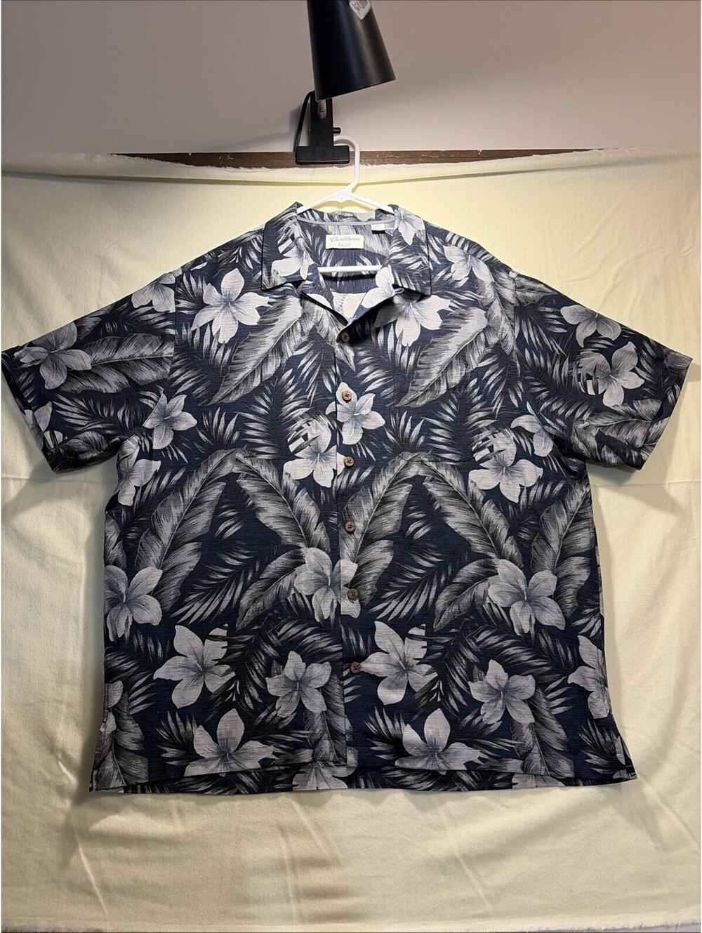 Caribbean Pure Silk Blue Hawaiian Camp Shirt Mens XL Coastal Floral Tropical